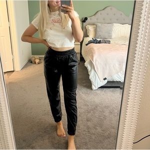 Black leather joggers